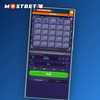 Mostbet Mines balanced grid with four mines and mixed green gems on purple