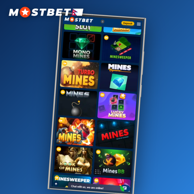 Mostbet Mines high-risk grid with up to ten mines on orange background
