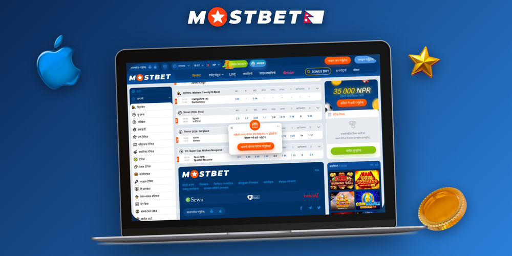 Mostbet NP sportsbook, live casino and Nepali-language support shown across devices